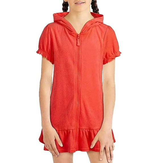 Fesfesfes Kids Solid Color Zipper Towel Cloth Hooded Short Sleeved Swimsuit for Girls 4-9 Years Perfect for Pool Parties,Beach Trips,and Water Play(Red,6-7 Years)