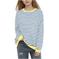 thumbnail image 1 of Fesfesfes Kids Striped Print Drop Shoulder Long Sleeve Crewneck Sweatshirt Casual Comfortable Pullover Top for Boys Girls Everyday Wear Soft Breathable Fabric(Blue,3-4 Years), 1 of 7
