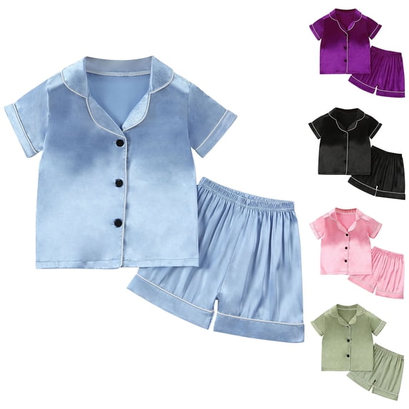 Fesfesfes Kids Summer Pajamas Sets Silk Outfits Boys Girls Solid Color Short Sleeve Shorts Pjs Sets Toddler Baby Homewear Clothes Suits