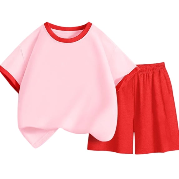 Fesfesfes Kids Two Piece Outfit Short Sleeve Color Block T Shirt and Solid Shorts Set Casual Loose Fit Round Neck Top with Wide Leg Bottoms for Boys and Girls(Pink,9-10 Years)