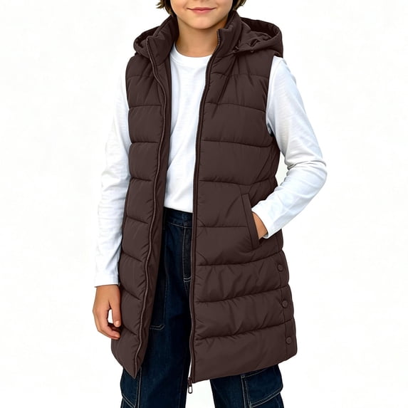 Fesfesfes Kids Unisex Longline Hooded Padded Vest Versatile Full Zip Cozy Warm Quilted Gilet with Pockets for Boys Girls School Outdoor Everyday Wear