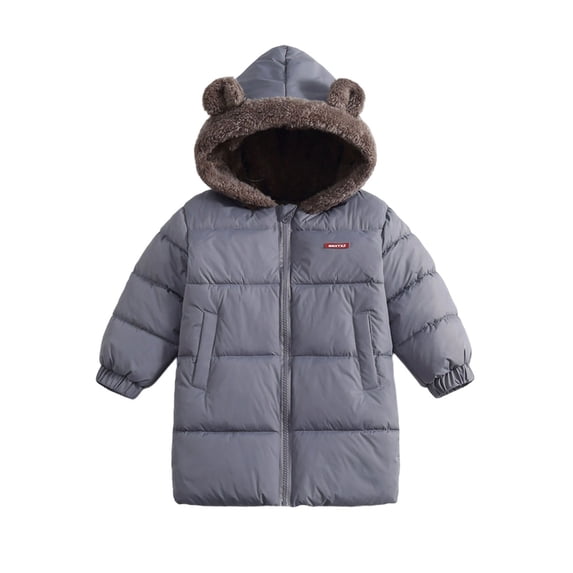 Fesfesfes Kids Unisex Mid-Length Hooded Puffer Jacket with Faux Trim Full Zip Fleece Lined Winter Coat for Boys Girls Ages 1-10 Years