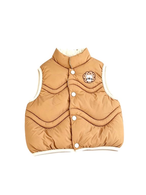 Kids Unisex Puffer Vest Stand Collar Snap Button Lightweight Warm Quilted Jacket with Chest Badge Outerwear for Boys Girls Ages 1-8 Years