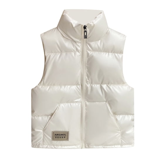 Fesfesfes Kids Unisex Shiny PU Puffer Vest Stand Collar Sleeveless Padded Winter Jacket, Warm Lightweight Outerwear for Boys and Girls Ages 4-13 Years