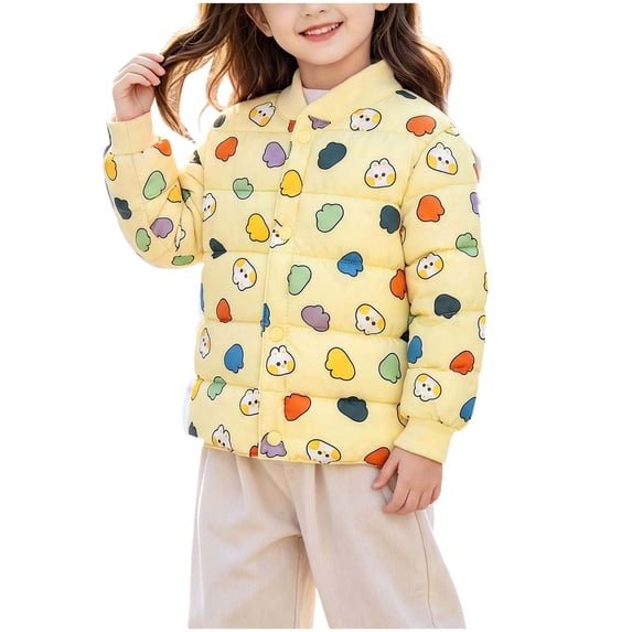 Fesfesfes Kids Unisex Stand Collar Lightweight Quilted Jacket Snap Button Cartoon Print Relaxed Fit Warm Inner Coat for Boys Girls 2-8 Years