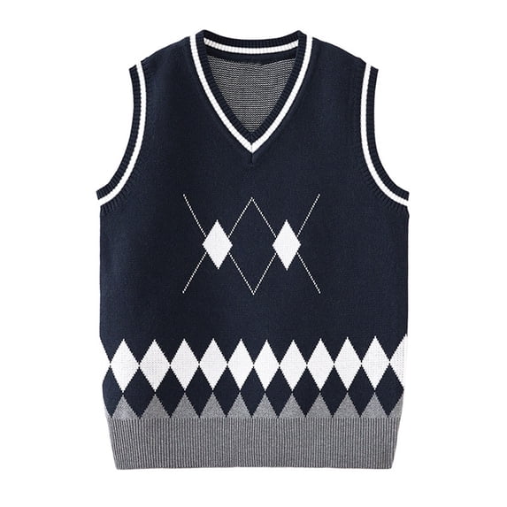 Fesfesfes Kids Unisex V-Neck Argyle Knit Vest Sleeveless Sweater Top, Preppy School Uniform Pullover for Boys and Girls Ages 4-12 Years