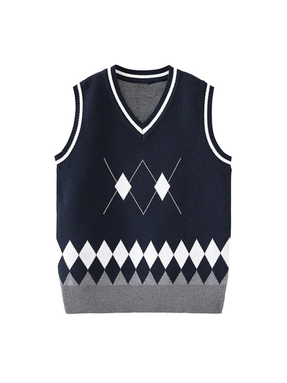 Kids Unisex V-Neck Argyle Knit Vest Sleeveless Sweater Top, Preppy School Uniform Pullover for Boys and Girls Ages 4-12 Years