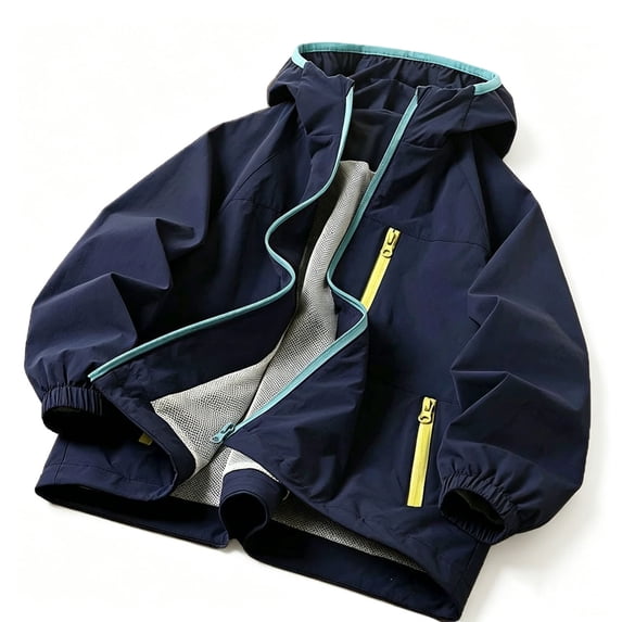 Fesfesfes Kids Unisex Waterproof Windbreaker Jacket High Collar Hooded Sportswear, Lightweight Zip Up Outdoor Rain Coat with Pockets for Boys and Girls Ages 5-15 Years