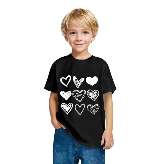 Fesfesfes Kids Valentine's Day Heart Print T Shirt Casual Short Sleeve Tee Round Neck Top for Boys and Girls Cute Print Design Childrens Apparel Holiday(Black,13-14 Years)