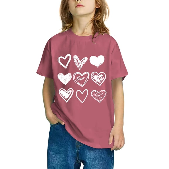 Fesfesfes Kids Valentine's Day Heart Print T Shirt Casual Short Sleeve Tee Round Neck Top for Boys and Girls Cute Print Design Childrens Apparel Holiday(Watermelon Red,3-4 Years)