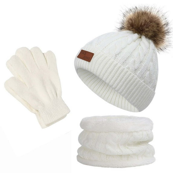 Fesfesfes Kids Winter Beanie Hat Gloves Set Warm Knit Thick Ski Cap With PomPom And Scarf Gloves Set For Girls Boys