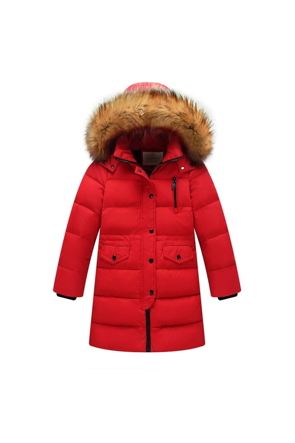 Kids Winter Hooded Parka Jacket Mid Length Coat with Large Collar Windproof Warm Thickened Down Filled Outerwear for Children Boys Girls(Red,3-4 Years)