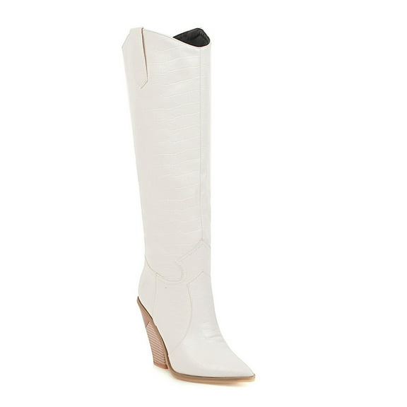 Fesfesfes Knee Boots For Women Pointed Toe High Fall And Winter Embossed Wood Grain Thick Heel High Heel Women's US:6(36)