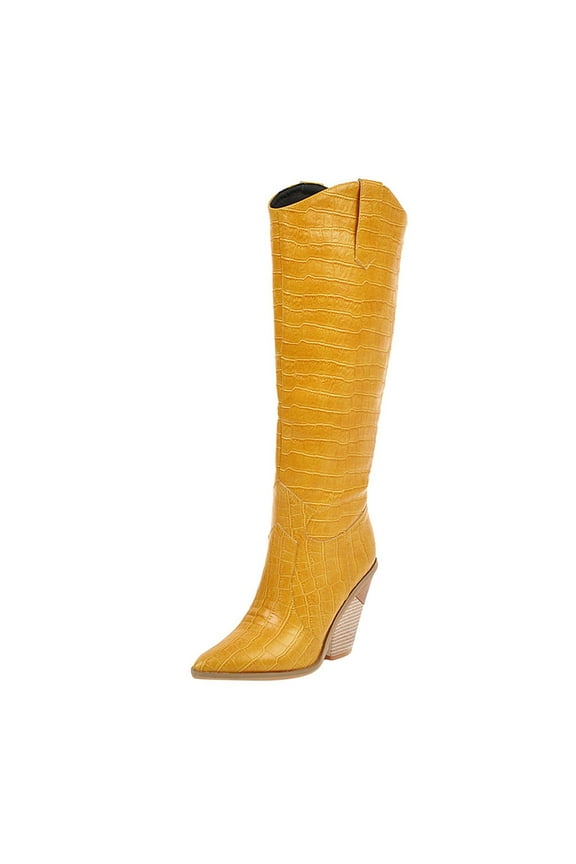 Knee Boots For Women Pointed Toe High Fall And Winter Embossed Wood Grain Thick Heel High Heel Women's US:7.5(38)