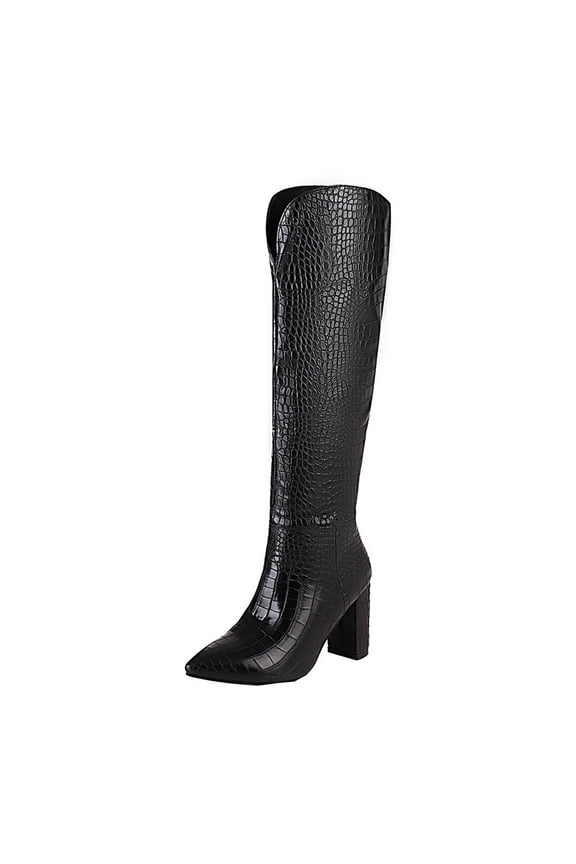 Knee Boots For Women Winter Plus Size Thick High-heeled Sleeve Snake Print Pointed Toe High Knee-length US:7(39)