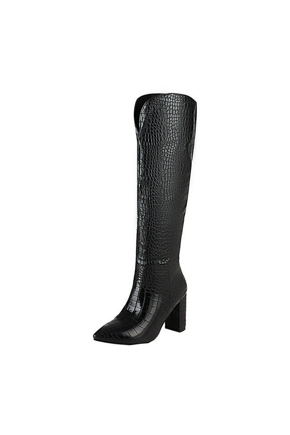 Knee Boots For Women Winter Plus Size Thick High-heeled Sleeve Snake Print Pointed Toe High Knee-length US:7.5(40)