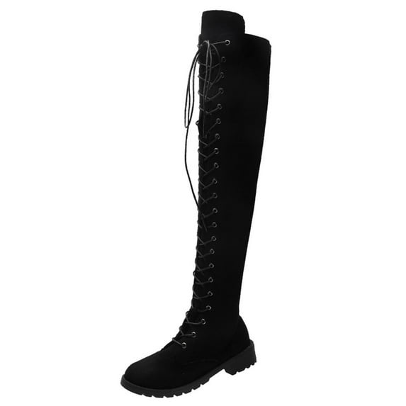 Fesfesfes Knee High Cowgirl Boots Winter Boots Shoes Autumn Round Low-heeled Lace Up Boots US:7(39)