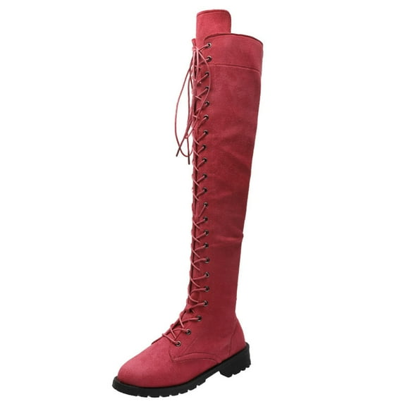 Fesfesfes Knee High Cowgirl Boots Winter Boots Shoes Autumn Round Low-heeled Lace Up Boots US:8.5(41)