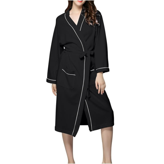 Fesfesfes Knit Robe for Women and Men Long Sleeve Bathrobe with Pockets and Waistband Cozy Flannel Sleepwear Loungewear Home Wear Soft Winter Robe with Pocket(Black,M)