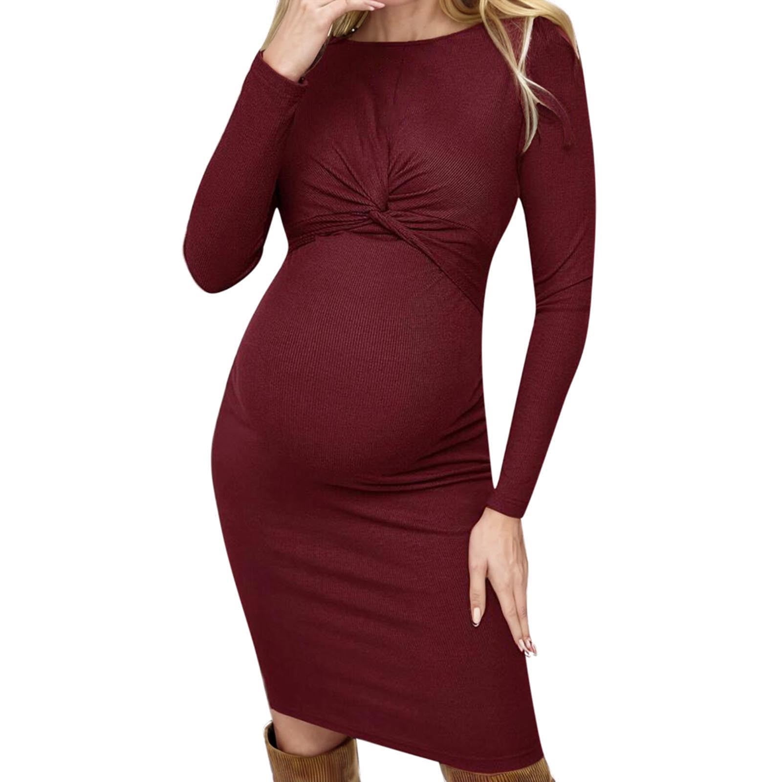 Fesfesfes Knitted Maternity Dress Long Sleeve Round Neck Tight Fitsting Solid Color Bodycon Pregnancy Dress Stretchy Comfortable for Women(Red,3XL)