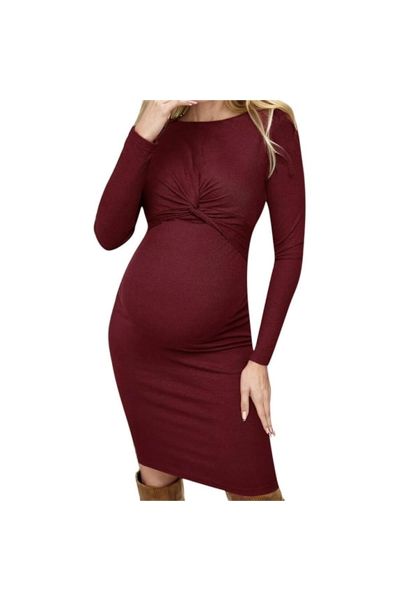 Knitted Maternity Dress Long Sleeve Round Neck Tight Fitsting Solid Color Bodycon Pregnancy Dress Stretchy Comfortable for Women(Red,L)