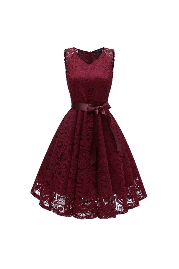 Lace Dresses For Women Sleeveless Princess Dresses Floral Lace Cocktail Party Dresses V-Neck Party Aline Swing Dress Girls Graduation Dresses