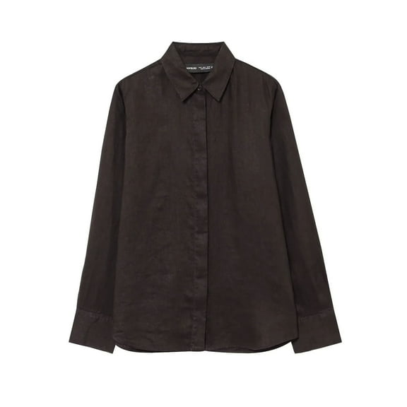 Fesfesfes Ladies' Fall Winter Blouses Leisure Long Sleeved Standup Collar Rib-Knit Cuffs Shirts with Buttons Solid Color Comfy Linen Tops(Black,S)