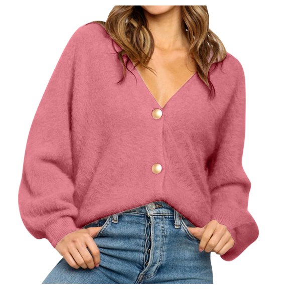 Fesfesfes Ladies Loose Sweater V-neck Solid Color Button Pullover Tops Women Fall Sweater Outer Sweaters