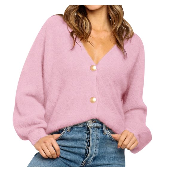 Fesfesfes Ladies Loose Sweater V-neck Solid Color Button Pullover Tops Women Fall Sweater Outer Sweaters