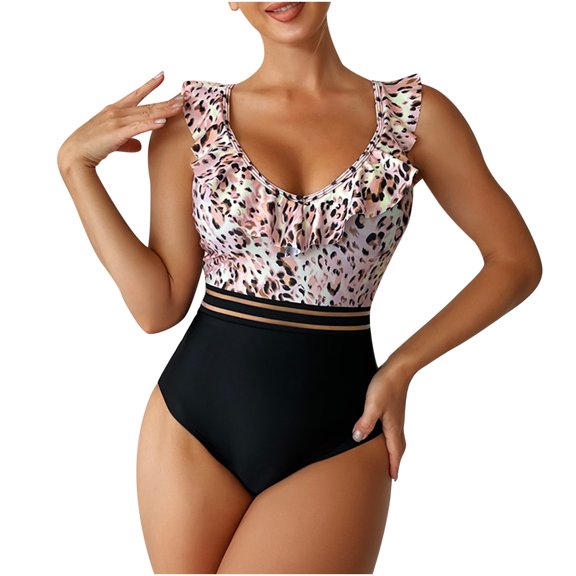 Fesfesfes Ladies Monokini Swimwear for Women One-Piece Swimwear Color Match Bathing Suit Ruffle V Neck Swimsuits Maiden Beachwear Gifts for Her