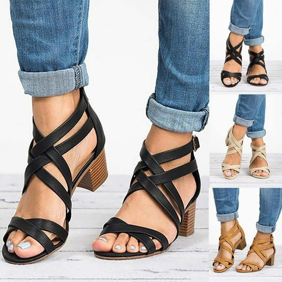 Fesfesfes Ladies Sandals Womens Middle Heels Fashion Hollow Out Ankle Strap Sandals Casual Shoes 7(39)