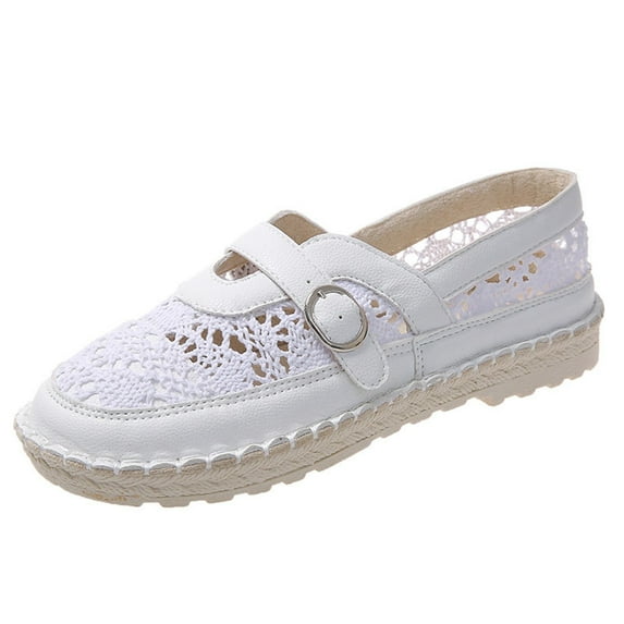 Fesfesfes Ladies Shoes Round Toe Casual Flat Shoes With Cloth Lace Belt Buckle And Slip-on Fisherman Shoes 35(5)