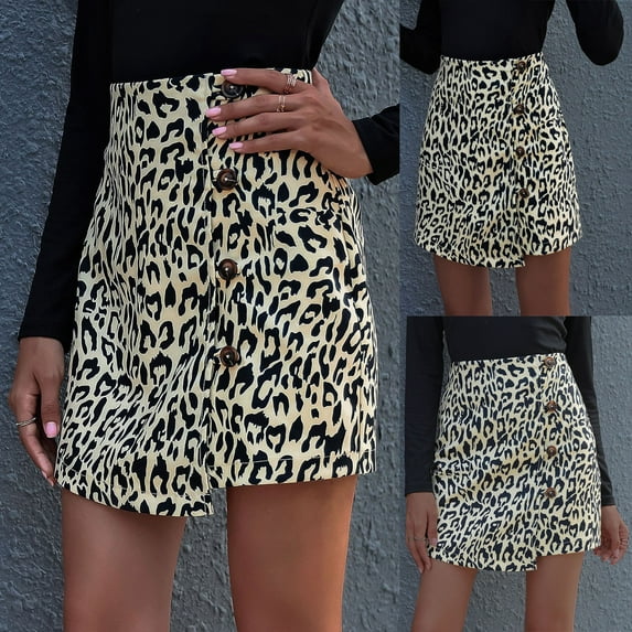 Fesfesfes Ladies Skirts Leopard Print High Waist Button Skirt A-line Skirt