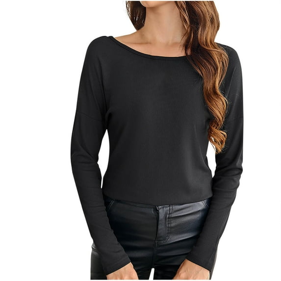 Fesfesfes Ladies' Spring/Summer Blouses Trendy Solid Light Color Crew Neck Long Sleeve Straight Hem T-Shirt Easy for Date Wearing Tops(Black#3,2XL)