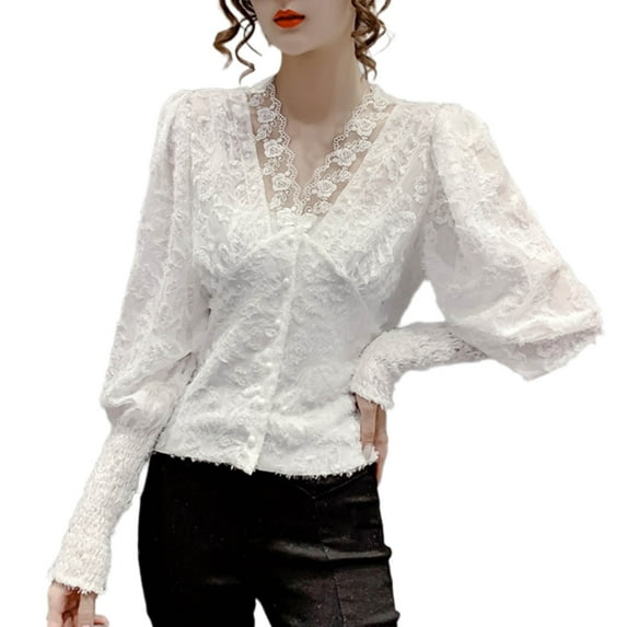 Fesfesfes Ladies' Spring/Summer Blouses Trendy Solid Light Color Crew Neck Long Sleeve Straight Hem T-Shirt Easy for Date Wearing Tops(White#4,S)