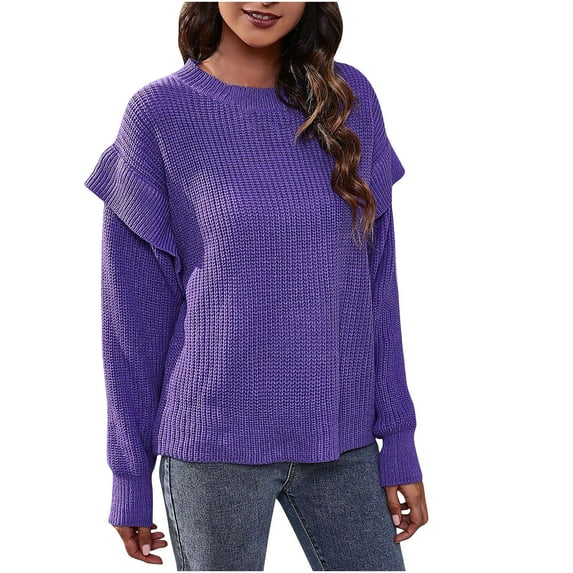 Fesfesfes Ladies Sweater Casual Pure Color Drop Shoulder Sweater Tops for Women Long Sleeve Loose Knitted Sweater or