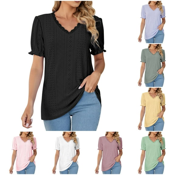 Fesfesfes Ladies T Shirts Women's Casual Fashion Hollowed Out V-neck Bubble Sleeve T-shirt Going Out Tops L(US:8)