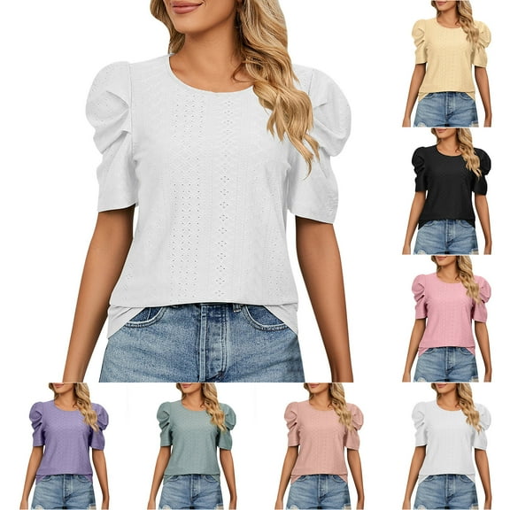 Fesfesfes Ladies T Shirts Womens Fashion Solid Olor Round Neck Short Sleeve T-shirt Blouse Loose Tops Lace Top XS(US:2)