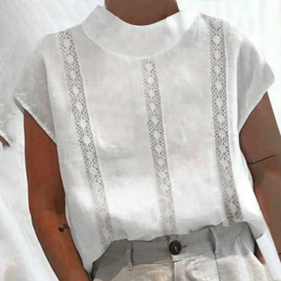 Fesfesfes Ladies Tops Women Tshirts Womens Spring Summer Solid Color Casual High Neck Top Cotton Linen Lace Blouses Women Yellow Shirt 2XL(US:12)