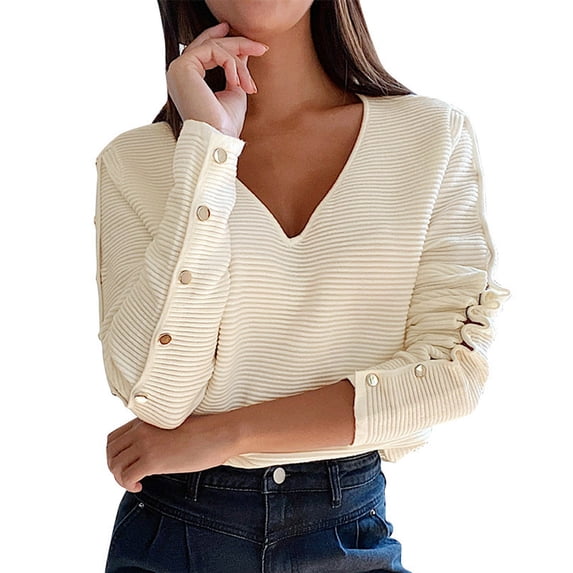Fesfesfes Ladies V-Neck Sweater for Women Button Long Sleeve Temperament Solid Color Knit Tops Sweater Sale or Clearance