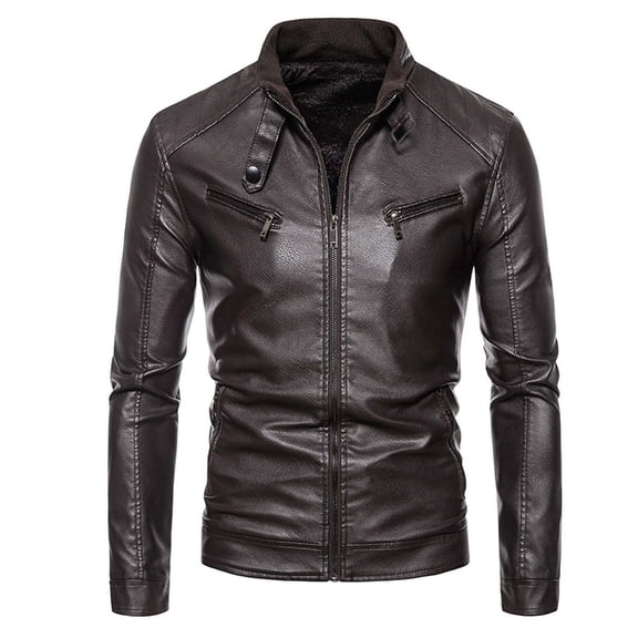 Fesfesfes Leather Jacket Men's Fall Winter Long-sleeved Leather Motorcycle Jacket Zipper Coat Long Sleeve Hoodless Faux Leather Outwear & Jackets Under $10