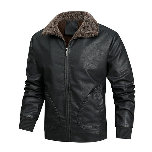 Fesfesfes Leather Jacket Men's Fall Winter Long-sleeved Leather Motorcycle Jacket Zipper Coat Long Sleeve Hoodless Faux Leather Outwear & Jackets