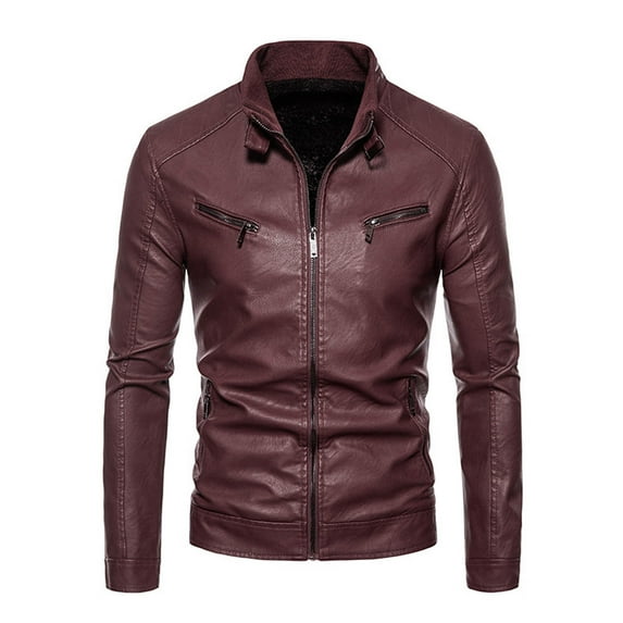 Fesfesfes Leather Jacket Men's Fall Winter Long-sleeved Leather Motorcycle Jacket Zipper Coat Long Sleeve Hoodless Faux Leather Outwear & Jackets Sale Items