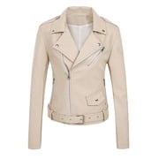 Fesfesfes Leather Jacket for Women Jacket Solid Long Sleeve Zipper Pocket Outerwear Tops Short Coat