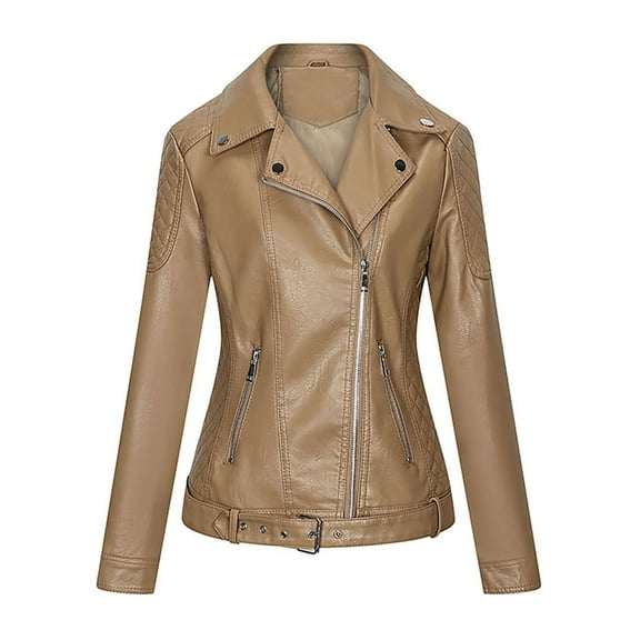 Fesfesfes Leather Jacket for Women Solid Zipper Leather Tops Cardigan With Pocket Short Coat Jacket Under $10