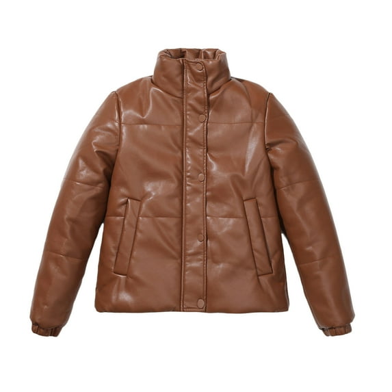 Fesfesfes Leather Jacket for Women Warm Long Sleeve Jacket Slim Winter Parkas Faux Leather Hoodless Coats