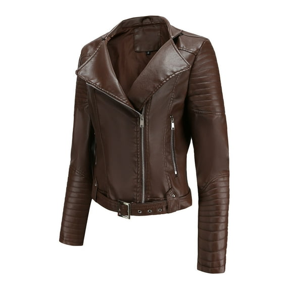 Fesfesfes Leather Jacket for Womens Warm Long Sleeve Jacket Slim Winter Parkas Faux Leather Hoodless Coats On Sale