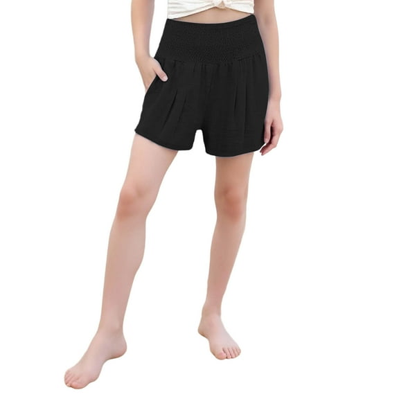 Fesfesfes Linen Blend High Waist Shorts for Kids Girls 4-14 Years Smocked Casual Summer Shorts Loose Wide Leg Comfortable Playwear(Black#1,8 Years)