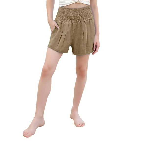 Fesfesfes Linen Blend High Waist Shorts for Kids Girls 4-14 Years Smocked Casual Summer Shorts Loose Wide Leg Comfortable Playwear(Khaki#1,8 Years)