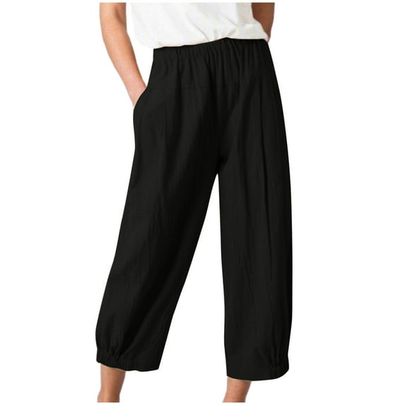 Fesfesfes Linen Pants for Women Casual Solid Color Pockets Elastic Waist Band Trousers Comfortable Straight Leg Capri Pants